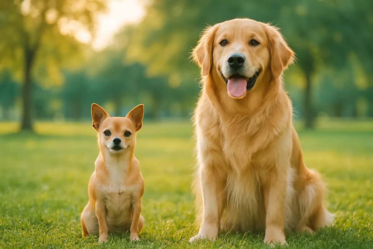 Un petit chien et un grand chien côte à côte, illustrant la différence de gabarit