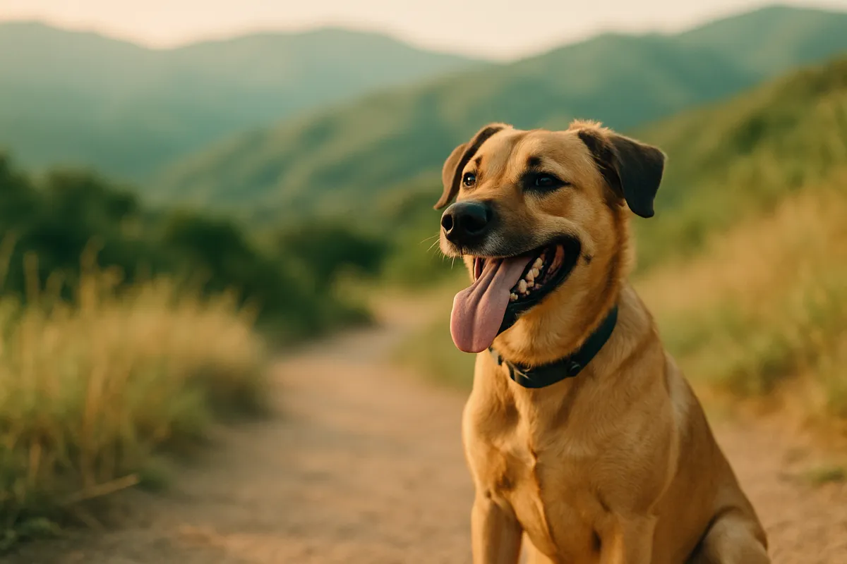 Un chien halète sur un sentier de randonnée en pleine nature