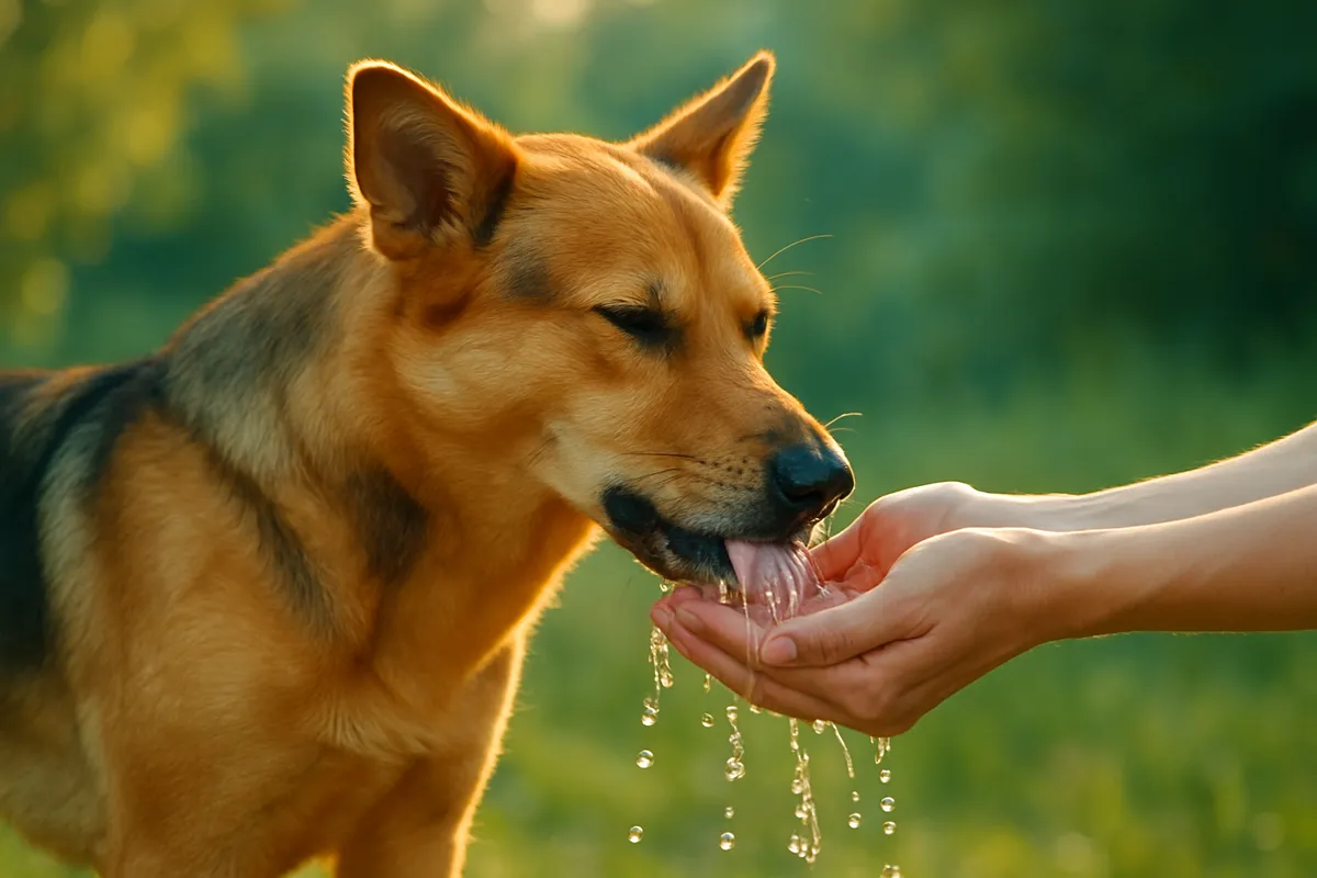 Un chien boit de l'eau fraîche dans le creux de la main de son maître en extérieur