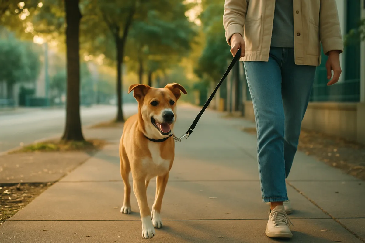 Un chien en promenade en laisse sur un trottoir arboré