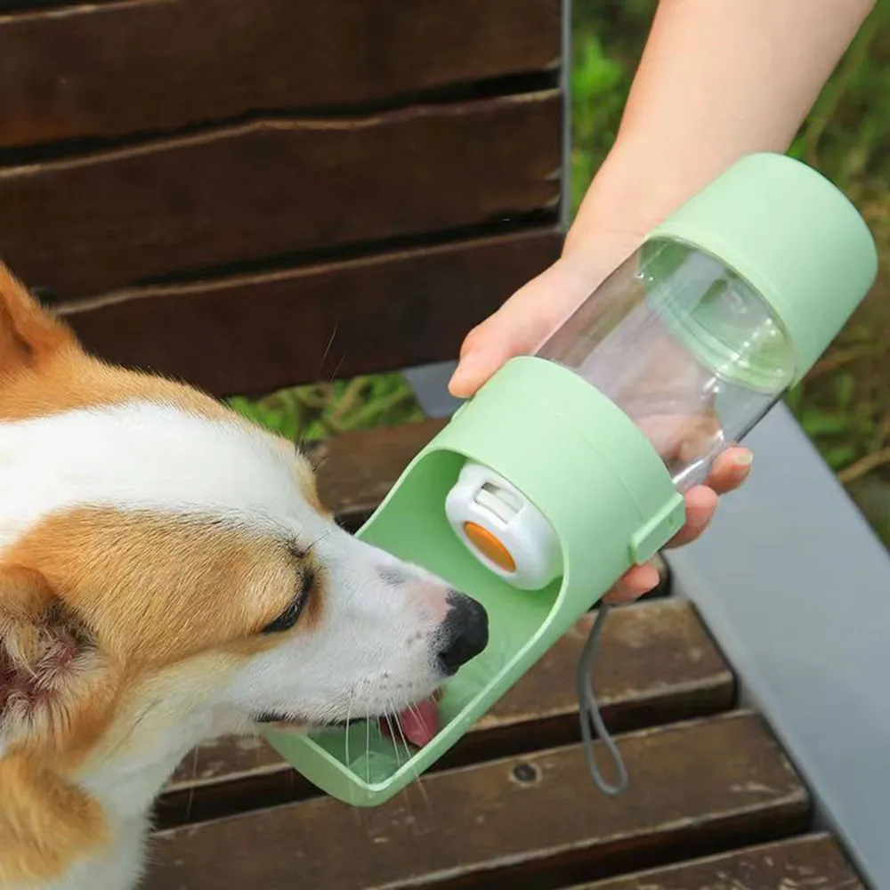 Gourde 2-en-1 Gambadeau avec compartiment croquettes, en randonnée avec un chien